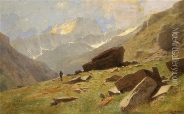 Vue Du Valais - A Mauvoisin - Le Fond De La Vallee Et Mont Brule Oil Painting - Gustave Eugene Castan