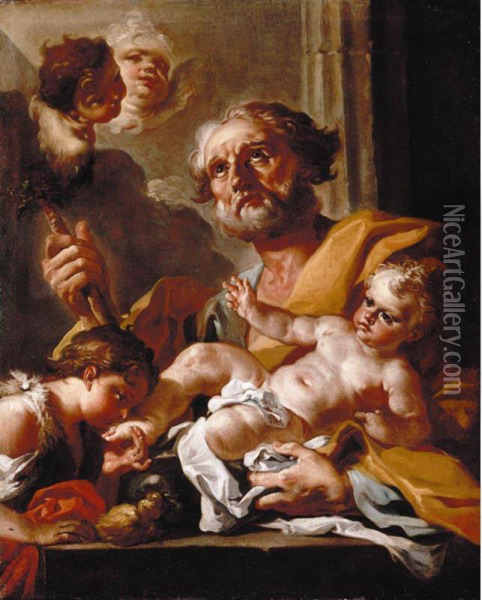 Saint Joseph With The Infant Christ And John The Baptist Oil Painting - Francesco Celebrano
