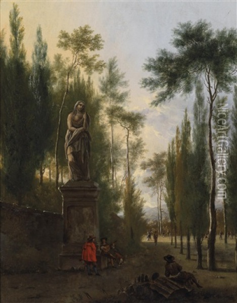 Sudliche Landschaft Mit Rastenden Mannern Unter Einer Romischen Statue Oil Painting - Isaac de Moucheron