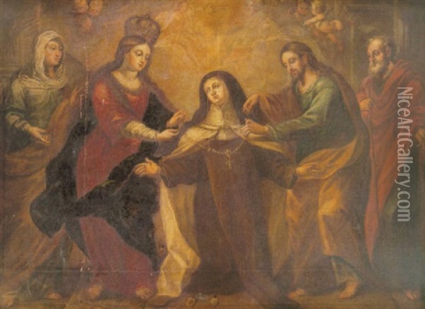 La Virgen Y San Jose Imponiendo El Collar A Santa Teresa Oil Painting - Vicente Berdusan
