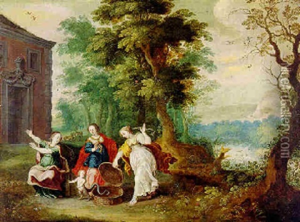 Aglauros, Padrosos Und Herse Mit Erechtheus Oil Painting - Jasper van der Laanen