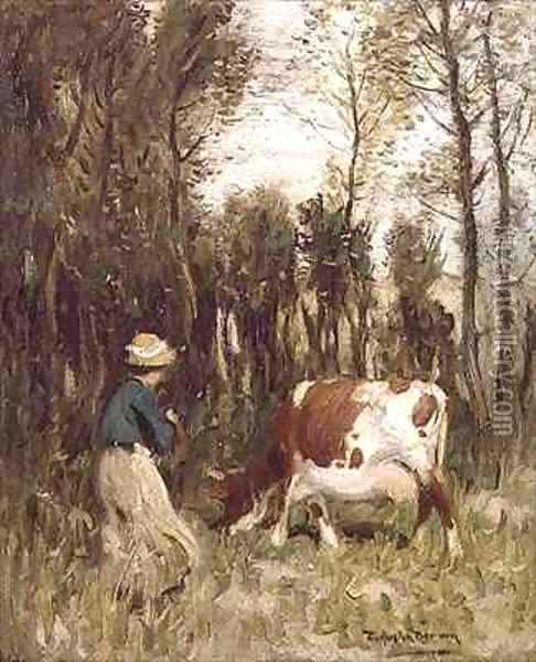 Girl Driving a Cow Oil Painting - Thomas Austen Brown