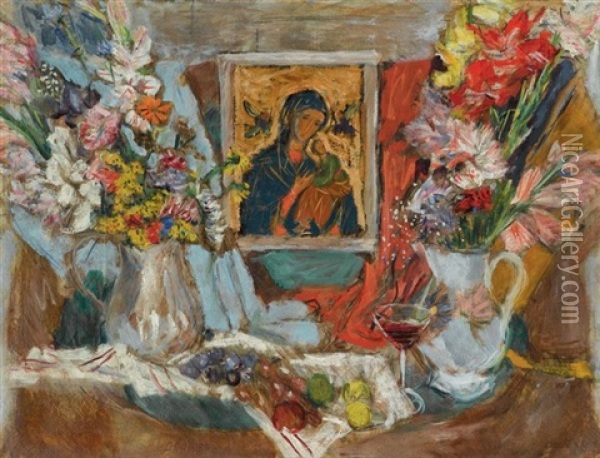 Still Life With Flowers And Icon Oil Painting - Alexis Paul Arapov