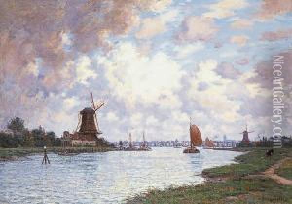 Moulin Au Bord Du Fleuve Pres De Dordrecht Oil Painting - Victor Brugairolles