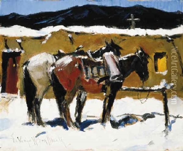 Two Horses Saddled Oil Painting - Laverne Nelson Black