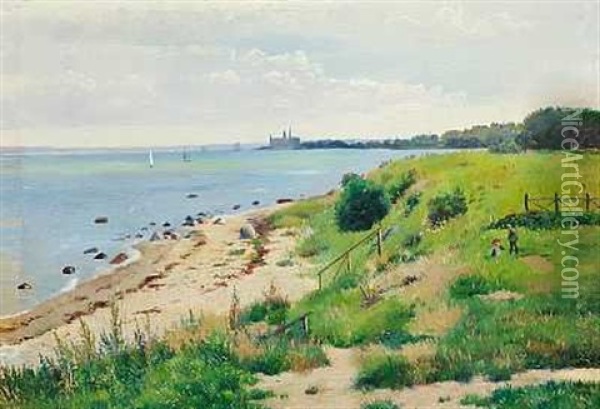 Kystlandskab Ved Hellebaek Med Kronborg I Baggrunden Oil Painting - Carl Carlsen