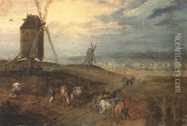 Landscape With Peasants Loading A Cart On A Path Oil Painting - Jan Brueghel the Elder