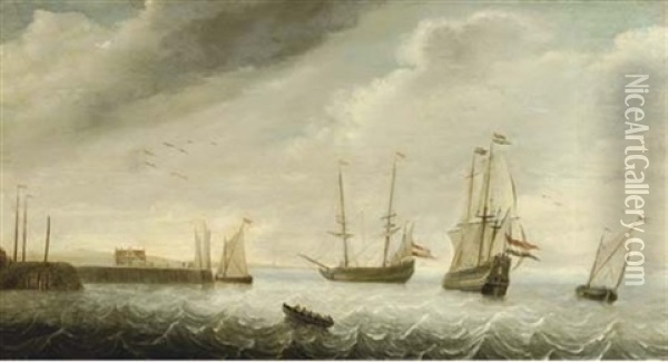 Shipping In A Stiff Breeze Near A Coastline Oil Painting - David Kleyne