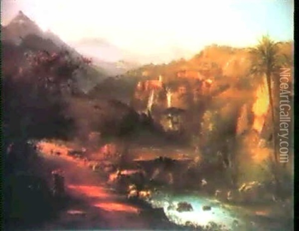 An Italianate Capriccio Land- Scape With The Falls At Tivoli Oil Painting - Luigi Basiletti