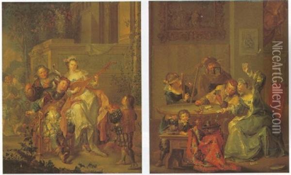 Elegant Figures Dinking And Making Music Outside A Villa Oil Painting - Johann Georg Platzer