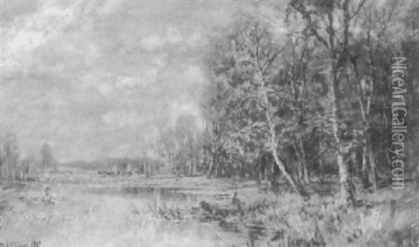 Moorlandschaft Mit Aus Dem Herbstwald Heraustretenden Rehen Oil Painting - Eduard Josef Mueller