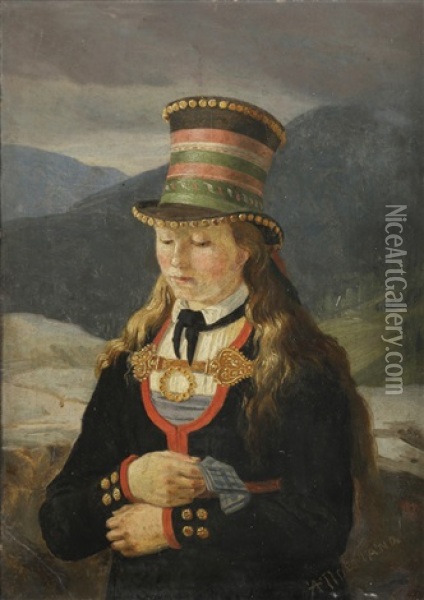 Pike Med Brudehatt Fra Tinn Oil Painting - Adolph Tidemand