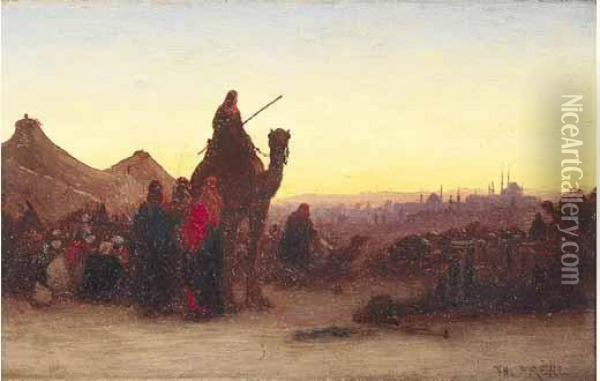 Halte De Caravanier Au Crepuscule. Oil Painting - Ch. Theodore, Bey Frere