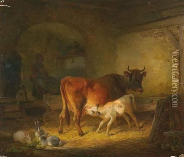 Im Kuhstall. Oil Painting - Friedrich Johann Voltz