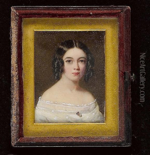 A Young Lady, Wearing A White Dress With Lace Trim And Flowers At Her Corsage, Her Hair In Ringlets. Oil Painting - Maria A. Moseley