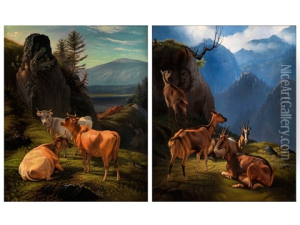 Ziegen Im Hochgebirge Sowie Rinder Auf Einer Anhohe Im Gebirge (2 Works) Oil Painting - Fritz (Frederik Gotfred) Thomsen