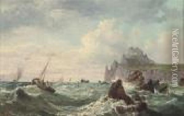 Fishing Boats Below A Fortified Headland Oil Painting - John Jock Wilson