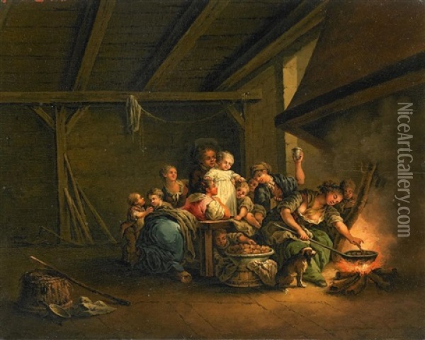 Familienszene Bei Der Essenszubereitung Oil Painting - Johann Eleazar Schenau