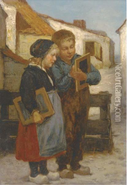 The Journey To School Oil Painting - Henri Jacques Bource