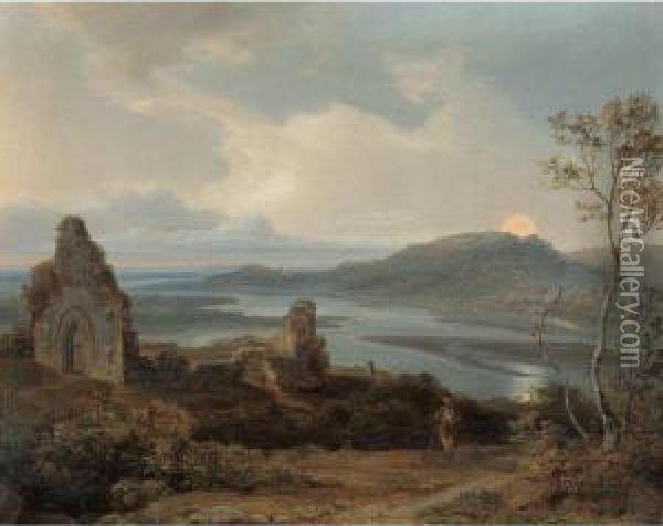 Ruine Einer Kapelle In Der Nahe Eines Flusses Bei Aufgehendemmond Oil Painting - Carl Rottmann