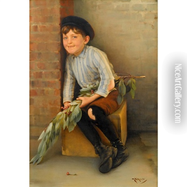 Shoe Shine Boy With Cherry Branch Oil Painting - Karl Witkowski