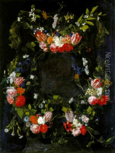 Swags Of Roses And Other Flowers Decorating A Feigned Stone Cartouche Oil Painting - Daniel Seghers