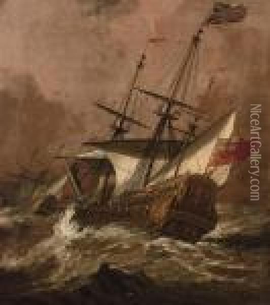 The English Man-o' War 
Resolution 
 In A Gale With Another Ship Ahead Oil Painting - Willem van de, the Elder Velde