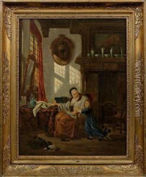 Interieurszene Mitgrosmutter Und Enkelin Oil Painting - Abraham van, I Strij