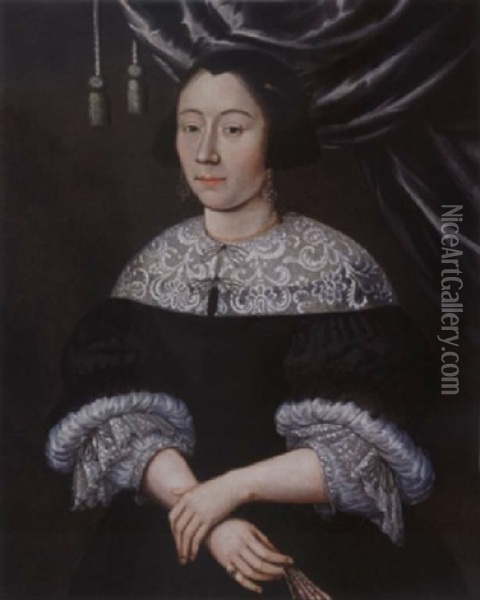 A Portrait Of A Lady, Wearing A Black Dress With White Lace Collar And Cuffs, A Black Bonnet, Holding A Fan Oil Painting - Edward Collier