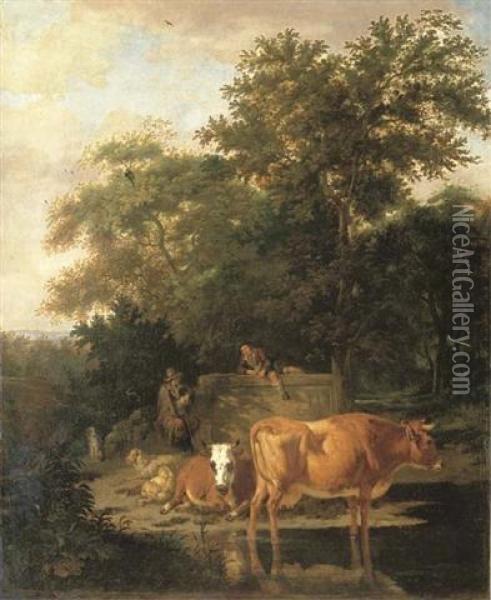 A Wooded Landscape With Herdsmen Resting And Cows Watering By A River Oil Painting - Adrian Van De Velde