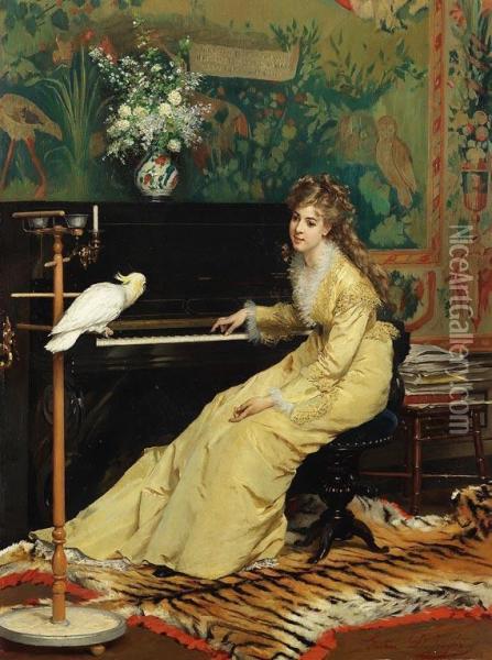 Dame Am Klavier Mit Kakadu Oil Painting - Gustave Leonhard de Jonghe