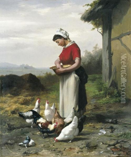 The Feeding Of Thechicken Oil Painting - Eugene Remy Maes
