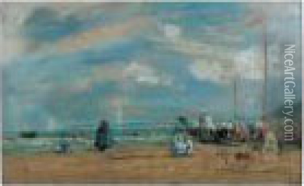 Silhouettes Aux Ombrelles Sur La Plage De Trouville Par Vent Fort Oil Painting - Eugene Boudin