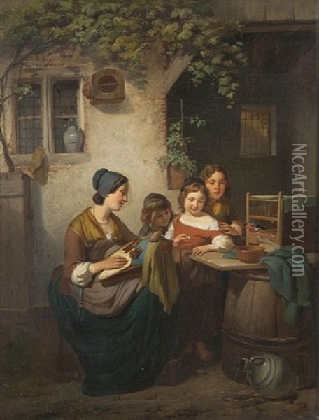 Open Air Scene With Young Lace Maker And Three Children, Feeding A Robin Oil Painting - Jozef Geirnaert