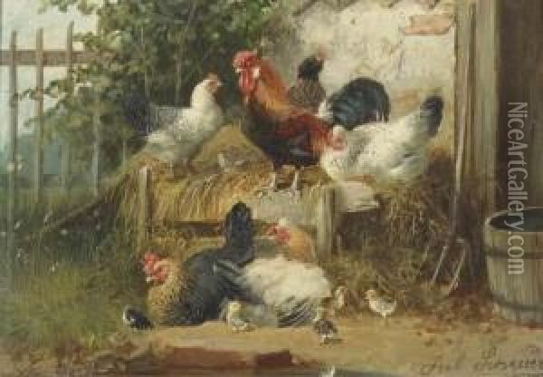 Poultry In A Farmyard Oil Painting - Julius Scheurer