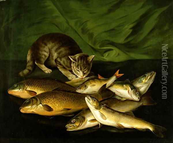 A Cat with Trout Perch and Carp on a Ledge Oil Painting - Stephen Elmer