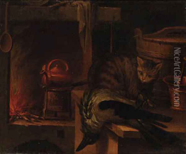 A kitchen still life with a cat and a magpie Oil Painting - Jan Fyt