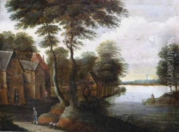 Landscape By A River With Peasants Oil Painting - Sebastien Vrancx