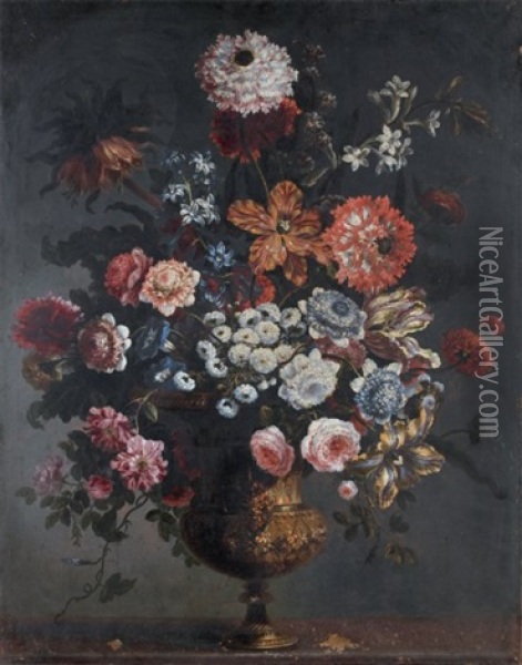 Bouquet De Fleurs Dans Un Vase De Bronze Dore Sur Un Entablement De Porphyre Oil Painting - Jean-Baptiste Monnoyer