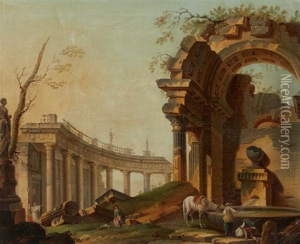 Une Halte Pres De La Fontaine Dans Un Temple En Ruines Oil Painting - Pierre Antoine Demachy