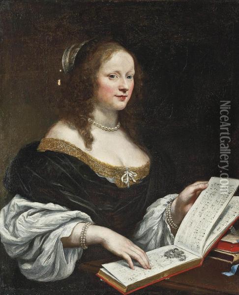 Portrait Of A Lady, Half-length, In A Blue Dress, A Pearl Necklace And Bracelets With An Open Book Of Music On The Table Oil Painting - Sebastian Bourdon