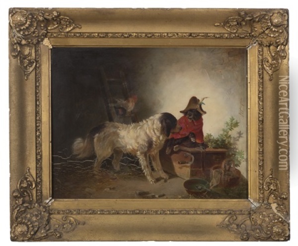 Two Dogs In A Barn, One In Costume And Sitting On A Trunk Oil Painting - Carl Pischinger