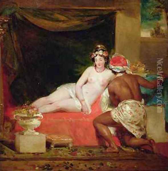 An odalisque with a slave in an interior Oil Painting - William James Muller