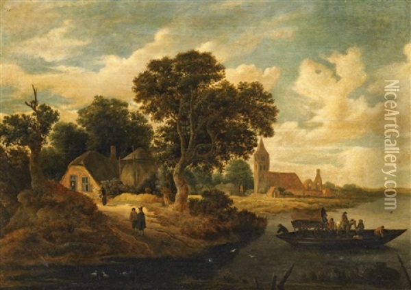 Flusslandschaft Mit Fahrboot Oil Painting - Roelof van Vries