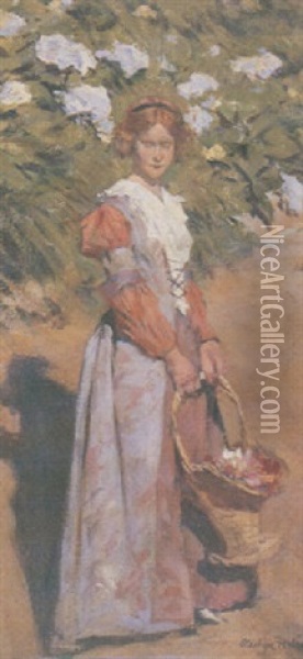 Young Girl With A Basket Of Flowers Oil Painting - Stanhope Forbes