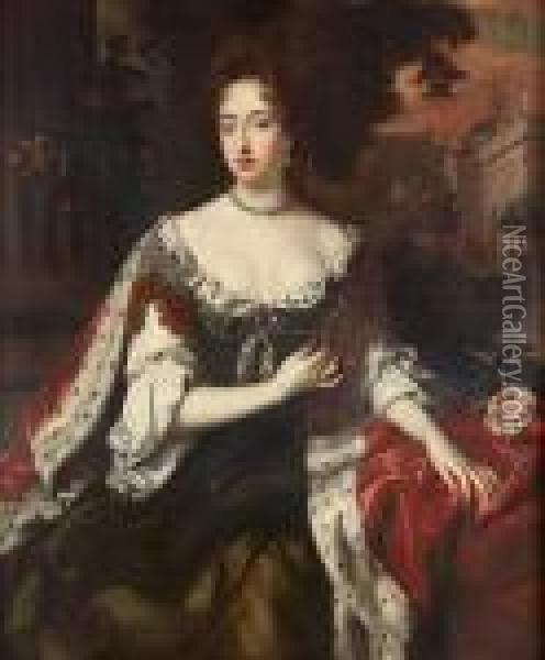 Portrait Of Queen Mary Ii, 
Three-quarter Length In A Dark Green, Lace-edged Dress And An 
Ermine-trimmed Robe, A View To A Palace Beyond Oil Painting - William Wissing or Wissmig