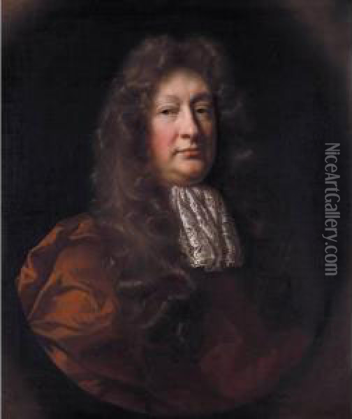 Portrait Of Mr Marriott Of 
Alscot Park, Gloucestershire, Half Length Standing, Wearing Brown Robes 
And A White Lace Cravat Oil Painting - John Riley