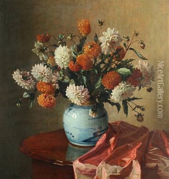 Still Life With Georgina In A Chinese Porcelain Vase Oil Painting - Wilhelm Andersen