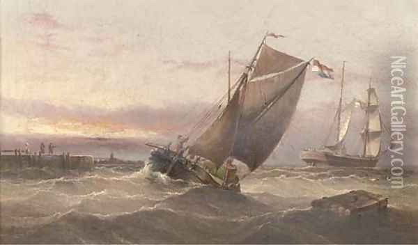 A Dutch brig running out of harbour amidst other traffic at dusk Oil Painting - Henry Redmore