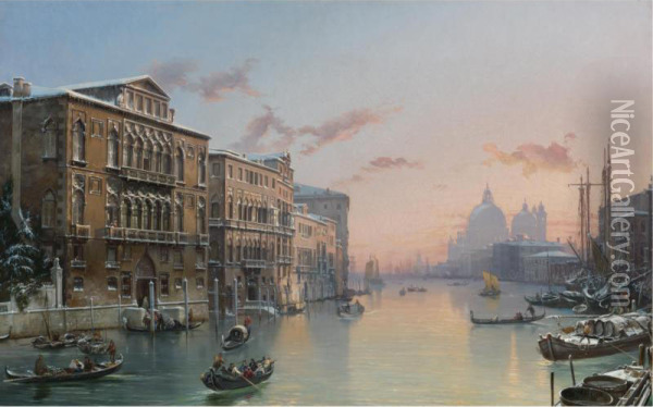 A Winter View Of The Grand Canal, Venice, From The Palazzo Cavalli-franchetti Towards Santa Maria Della Salute Oil Painting - Friedrich Nerly